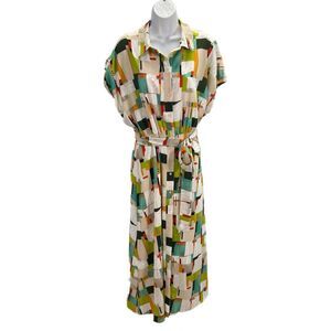 LDT Maxi Dress Women 12 Geometric Button Front Belted Stretch Pockets Career